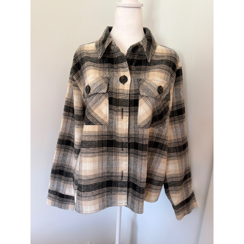 BB Dakota Steve Madden Plaid Shacket Womens XL Cream Black Tan Button Up Jacket